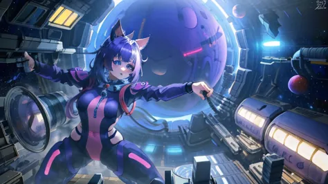 futuristic girl, purple colored eyes, space, purple hair, blue hair, pink hair, long hair, furry, cat ears, tight suit, stretch ...