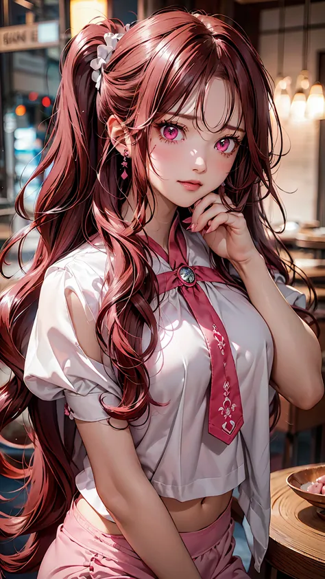 detailed face、long eyelashes、detailed eye、crimson long hair、wavy hair、ponytail、woman tying hair、(pink eyes:1.3)、(dark red hair)、...