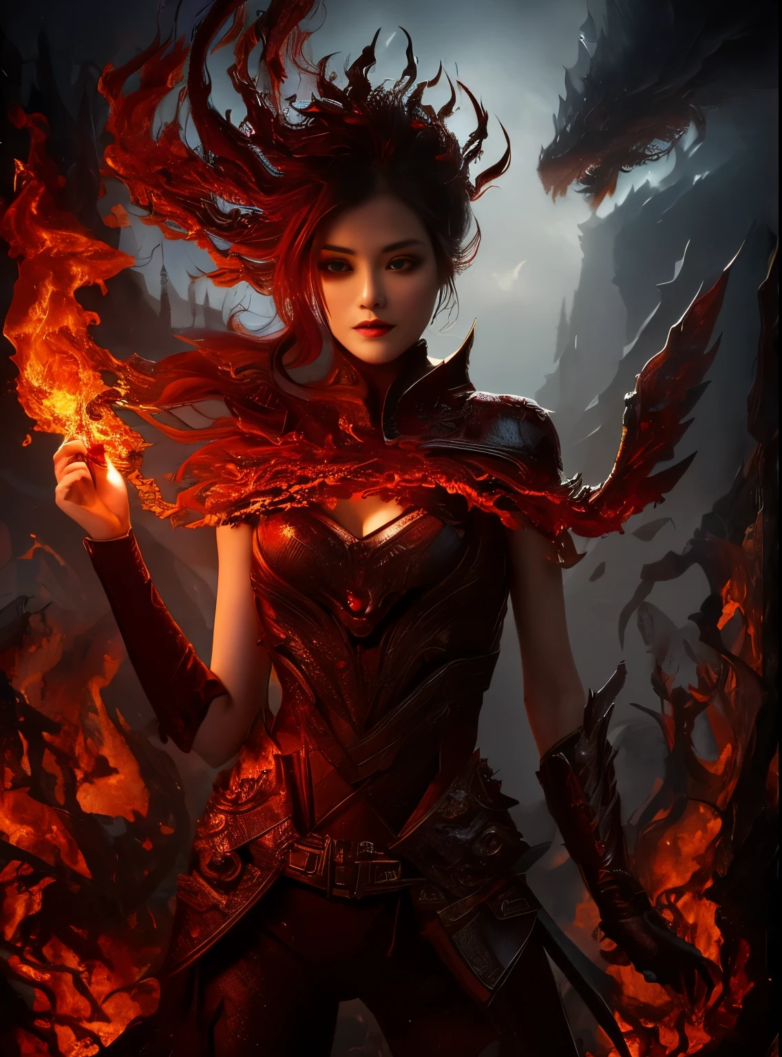 ,1girl,solo,masterpiece, best quality,fantasy,dark red,shadow,
face is important,sexy is important,eyes are important,rThe character is the main body of the work,(upper body),
flames,ruins, swirling magic,eyes on camera