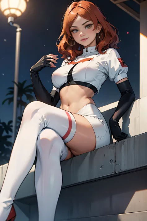 celica fe , light makeup, eye shadow, earrings ,glossy lips ,team rocket uniform, red letter R, white skirt,white crop top,black thigh-high boots, black elbow gloves, smile, looking down on viewer, sitting ,crossed legs, night sky in background