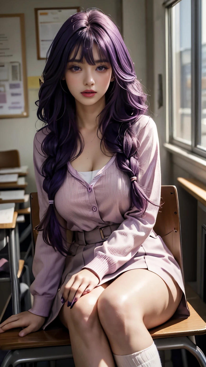 masterpiece、best quality、highres、1girl、solo、Purple hair big breasts，purple hair，thick braid，long hair，purple eyes，Bangs、Light makeup、glossy lips、Very detailed、illustration、FGOErice、（Uniforms）、classroom、sitting、high socks