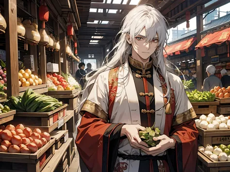 1 male, merchant, wearing Chinese commoner's outfit, selling vegetables in market, white hair, long hair, face to detail, detail...