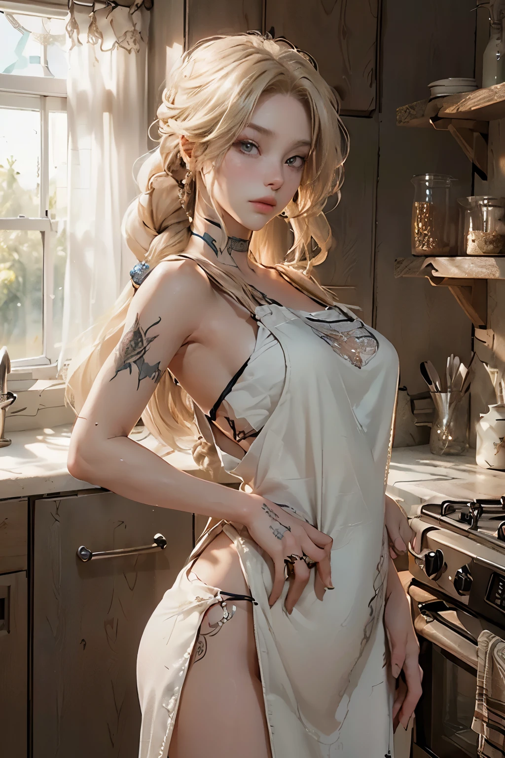 (Photorealistic, model- XXMix_9, high resolution, soft light, 1 woman, Alone, with raised hips, Detailed face, intricately inked skin showing various tattoos, Long hair flawlessly braided, Standing confidently in a dimly lit kitchen, Wearing only an apron revealing slim waist and hips, Blonde hair cascading down her back, 8k no:nsfw:1.5, Realistic textures, Sharp focus, Hidden shadows creating depth)

(Low quality, Worst quality, pixelated, blurred, 1 woman, Alone, hunched over, Poorly defined face, Disheveled hair