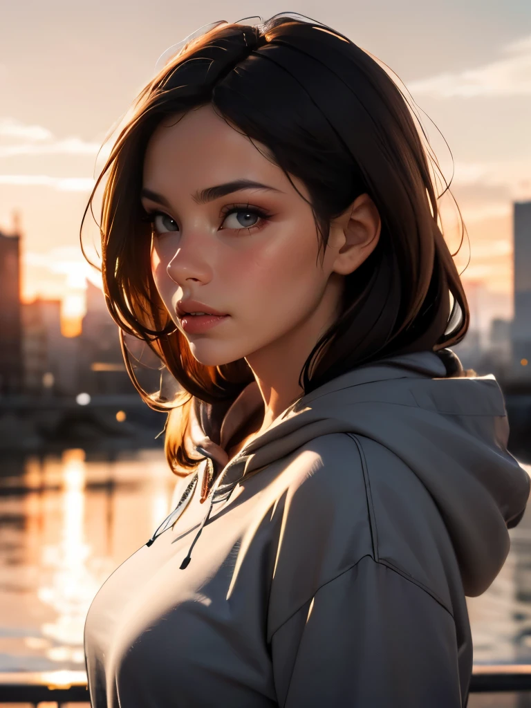 (((HD photo))), ultra high res.photorealistic:. 1.4, UHD, portrait, masterpiece, trending on artstation, ((upper body shot)), pretty face, cute girl, most beautiful in the world, soft, delicate, long dark hair, slim body, large breasts, wearing grey hoodie, sunkissed, sunset city background