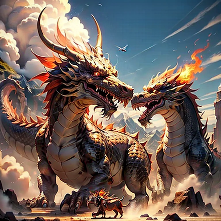 Flying fire-breathing three-headed dinosaur dinosaur ! Every head breathes fire . like a flamethrower ! Majestic mountains and the ancient city in the valley . A three-headed dragon-dinosaur flies towards the city . spitting out incinerating fire from each of those heads . Top quality fantasy work !