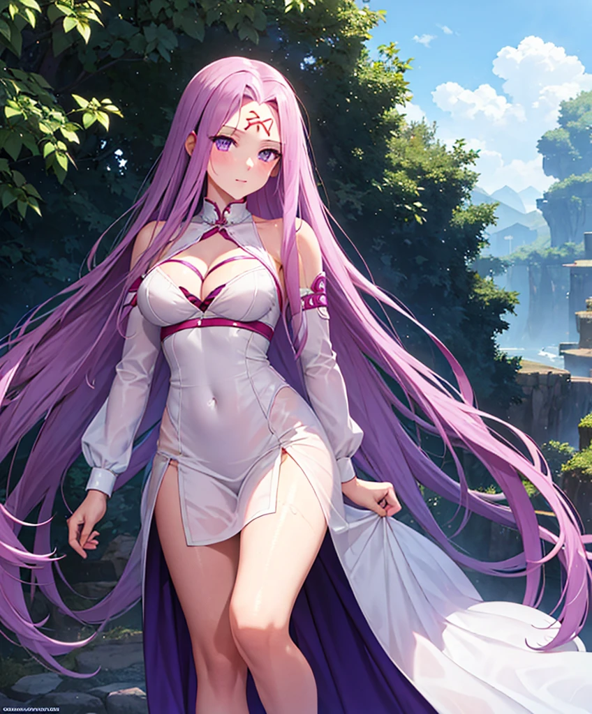 1girl, best quality, masterpiece, high resolution, solo, {white dress:1.40}, {short dress:1.20}, {medusa_fgo:1.15}, long_hair, purple_hair, very_long_hair, purple_eyes, breasts, big_breasts