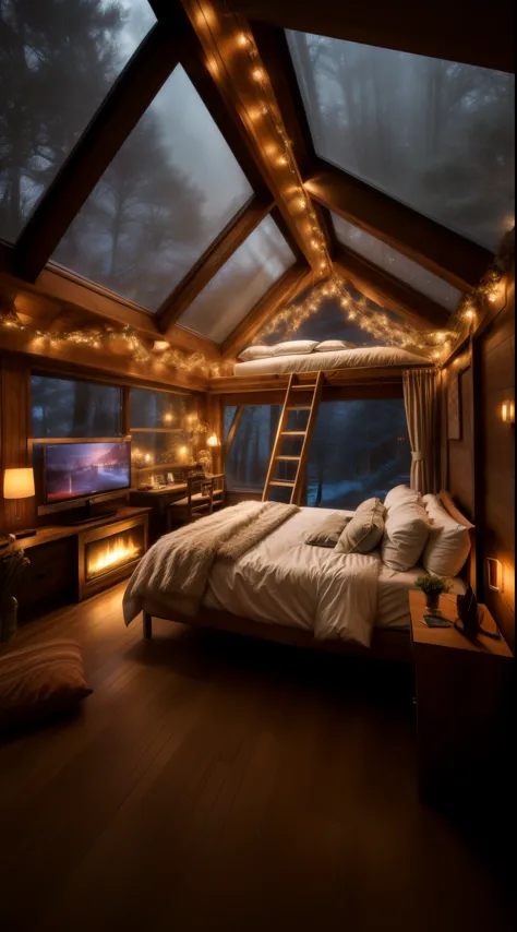 arafed bedroom with a bed and a ladder and a television, cozy room, cozy treehouse bedroom, cozy lights, cozy place, very magical and dreamy, cosy atmoshpere, cozy environment, cozy lighting, cosy vibes, cozy and calm, cozy and peaceful atmosphere, cozy ae...
