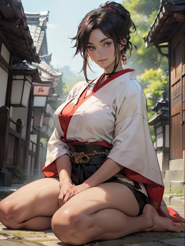 best quality, masterpiece, extremely detailed CG, extremely detailed 8K wallpaper, standing, HDR ,1girl, solo, outdoors, Japanese shrine,  Japanese girl (extremely beautiful), black hair, full body, very thin, detailed face, detailed eyes, mischievous smile, smooth and soft pellet, wearing micro kimono, kneeling demurely on a mat, intricate details, hyper detailed, Beautiful Fingers, Beautiful Nose, Beautiful character design, perfect face, facing viewer, huge breasts, slim waist, purple eyes, tanned skin, dark skin, curvaceous body, hands on her lap, glamour shot