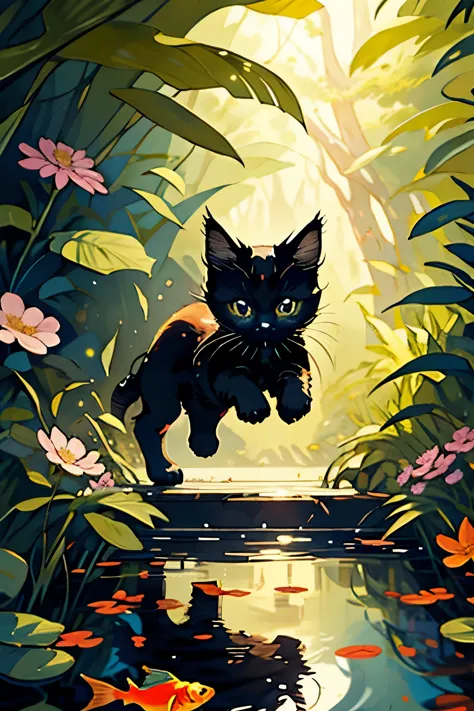 black kitten walks in the forest、kitten&#39;s eyes are big、find a pond、put your hand in the pond、goldfish swim in the pond、Flowe...