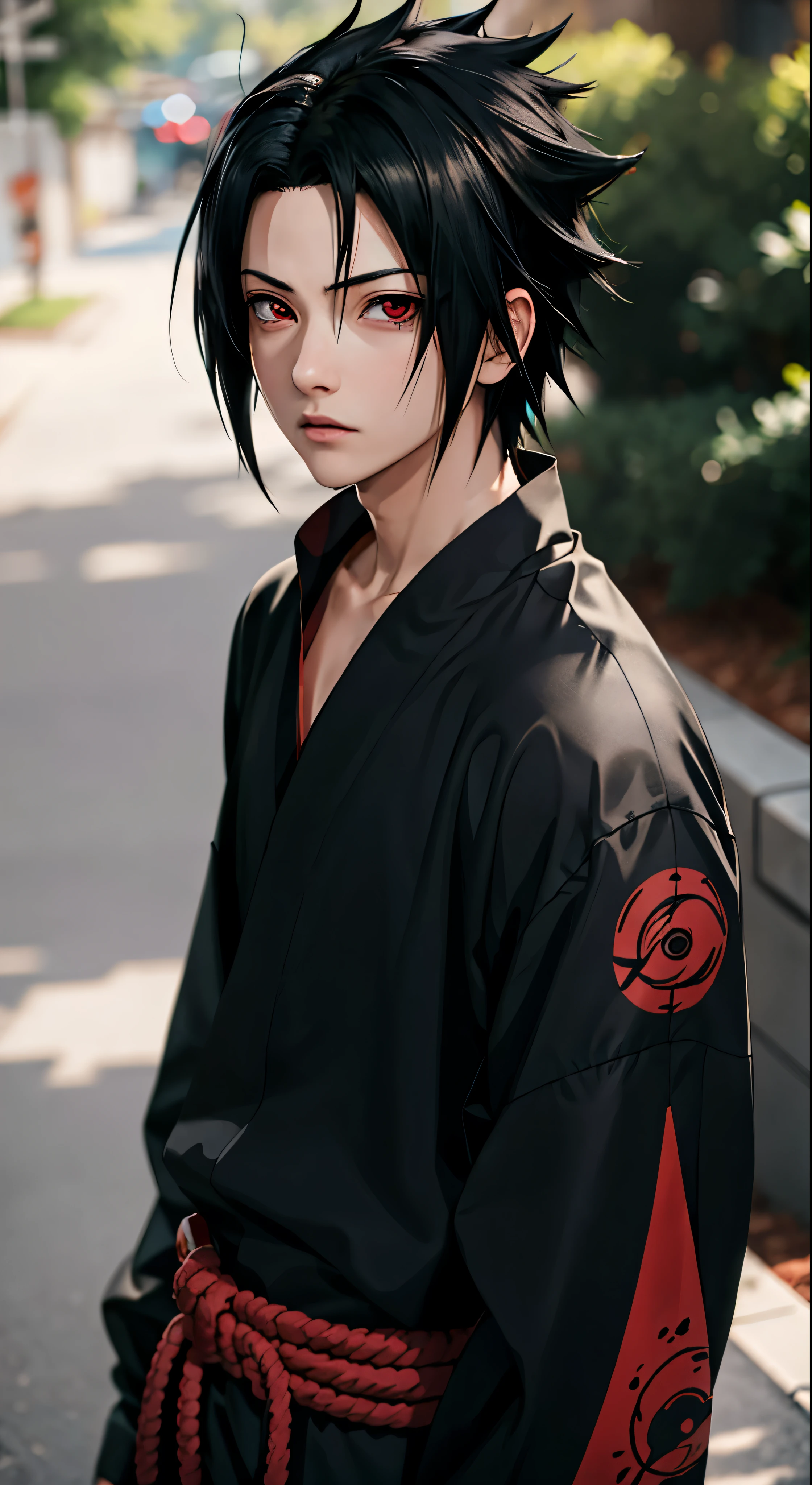 Masterpiece, 1boy, Superb Style, uchiha Sasuke, red eyes, Urban Streetwear chothes, Outdoor, Upper Body, Uchiha Sasuke, bright eyes, black hair, cool boy