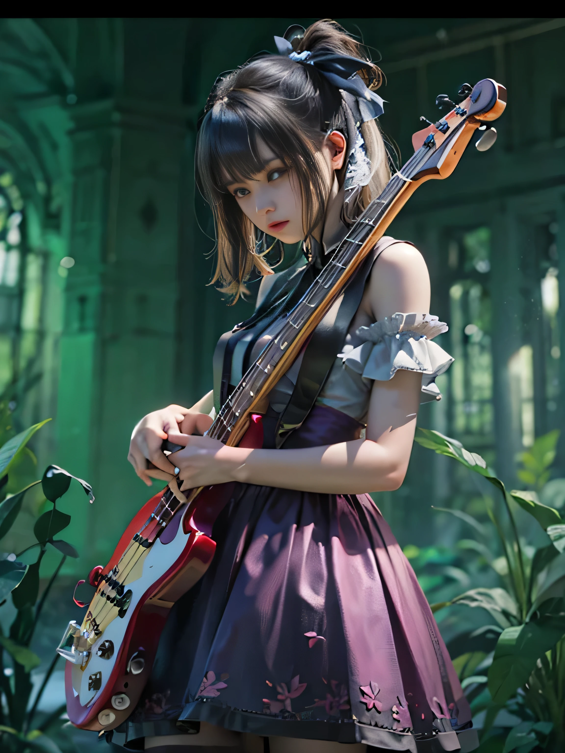 15 year old woman, hair ribbon、(Play the electric bass, 4 strings), dark theme, calm colors, high contrast, (Tuttos skin texture, hyper realism, soft light, sharp), Fluffy dresses、