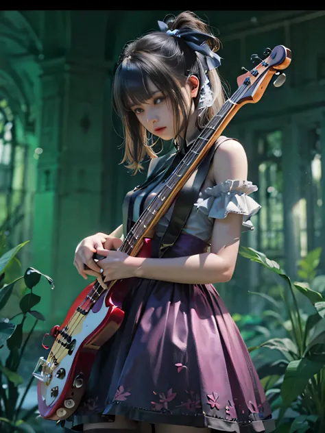 15 year old woman, hair ribbon、(Play the electric bass, 4 strings), dark theme, calm colors, high contrast, (Tuttos skin texture...