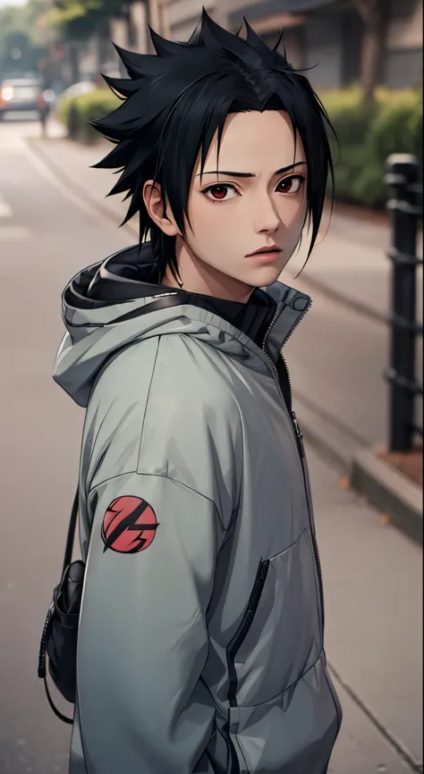 Masterpiece, 1boy, Superb Style, uchiha Sasuke, red eyes, Urban Streetwear chothes, Outdoor, Upper Body, Uchiha Sasuke, bright e...