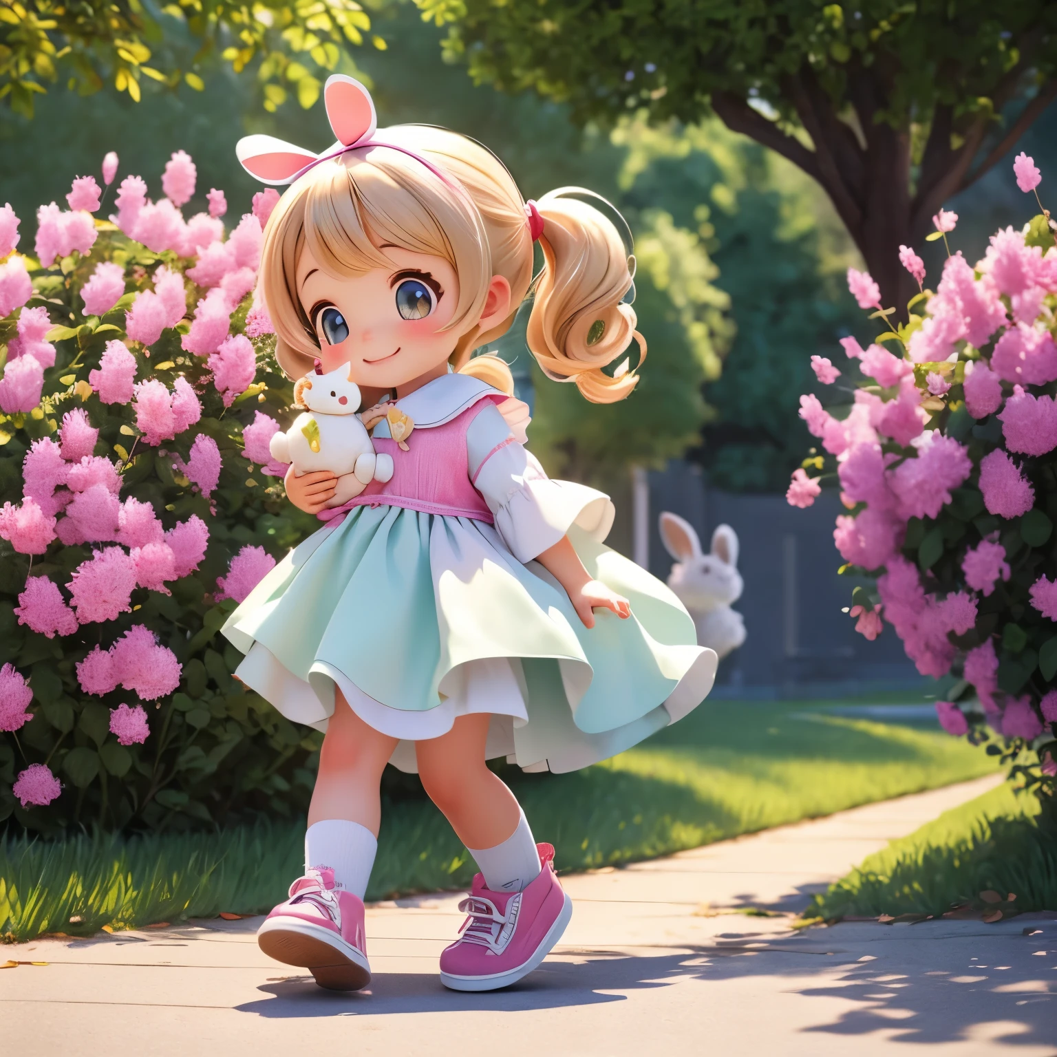 (photorealistic:1.37)、octane rendering、Morning park、Walk with a rabbit doll、Girl has twin tail hairstyle and smiles、Bright colors、soft sunlight、beautiful flower、green grass、playful atmosphere、peaceful environment、detailed texture、Bright colors、cute shoes with accessories、He looks happy