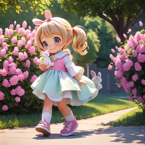 (photorealistic:1.37)、octane rendering、Morning park、Walk with a rabbit doll、Girl has twin tail hairstyle and smiles、Bright color...