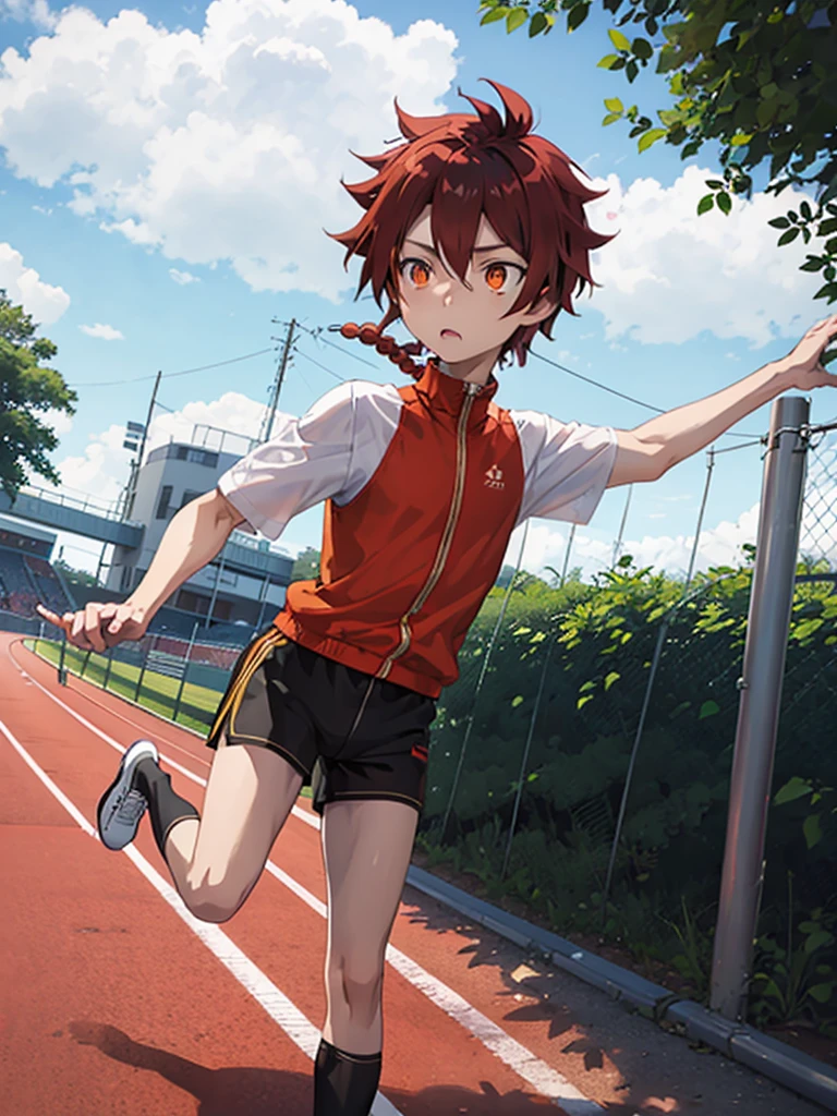 Wallpaper phone，The best picture quality，8k，full body portrait，panoramic，telephoto lens，anime characters，Two-dimensional image，Alexander Fugo,Delicate orange eyes， 1 boy,  white socks, white sneakers, orange short pants, orange color shirt, running,track and field, perspective from under，shorten, backlight, bloom, track, outdoor, 