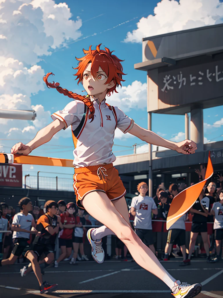 Wallpaper phone，The best picture quality，8k，full body portrait，panoramic，telephoto lens，anime characters，Two-dimensional image，Alexander Fugo,Delicate orange eyes， 1 boy,  white socks, white sneakers, orange short pants, orange color shirt, running,track and field, perspective from under，shorten, backlight, bloom, track, outdoor, 