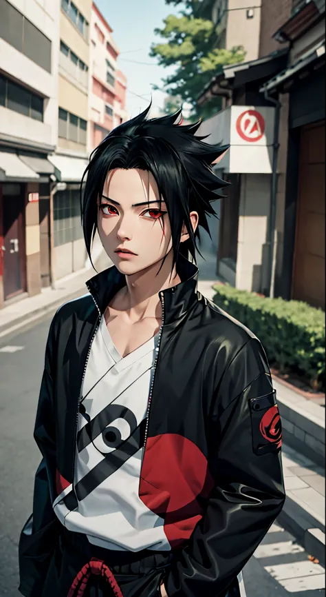 Masterpiece, 1boy, Superb Style, uchiha Sasuke, red eyes, Urban Streetwear chothes, Outdoor, Upper Body, Uchiha Sasuke, bright e...