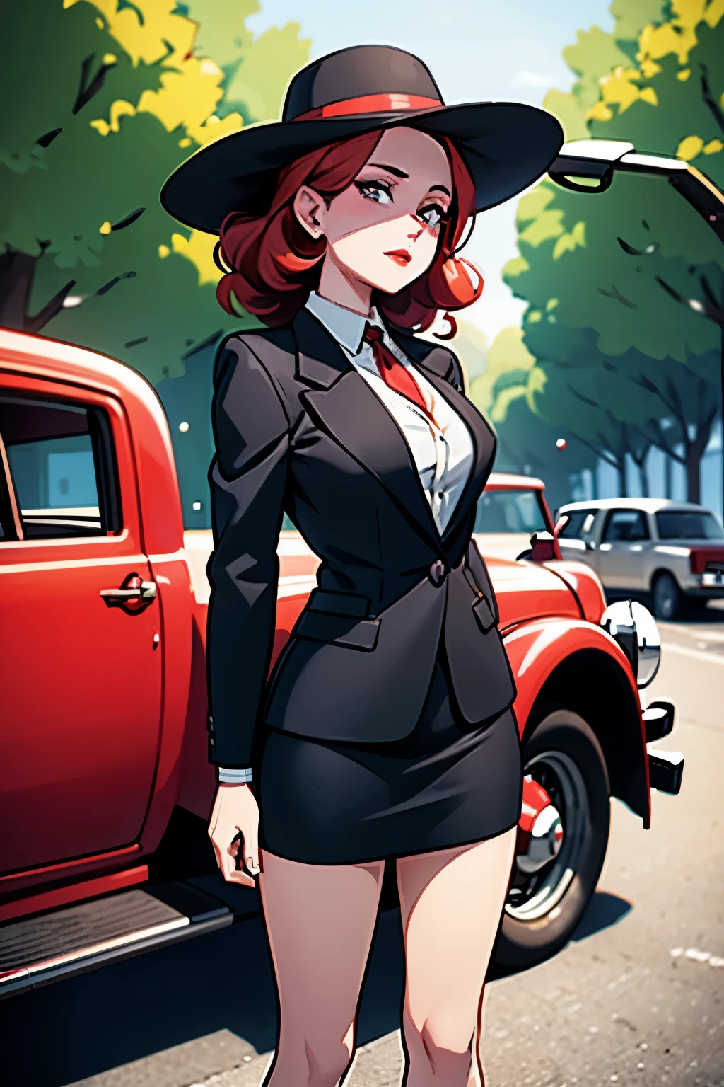 obra de arte, pale skin, Red lips, olhos claros, sombra, Front photo of a beautiful red-haired woman with medium curly hair standing on the street holding a Thompson drum M1928A1, Behind her, um Cadillac Town Sedan de 1928 deixou verde, She wears a mafia suit with the colors red and black, Saia e jaqueta nos ombros em estilo mafioso, She also wears a hat, Suporte de ligadura e calcanhares, corpo muito detalhado, carro detalhado e roupas, claro-escuro, Luz Natural, altamente detalhado, Ela e o carro focaram na imagem