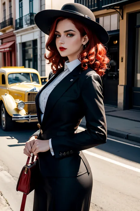 obra de arte, pale skin, Red lips, olhos claros, sombra, Front photo of a beautiful red-haired woman with medium curly hair stan...