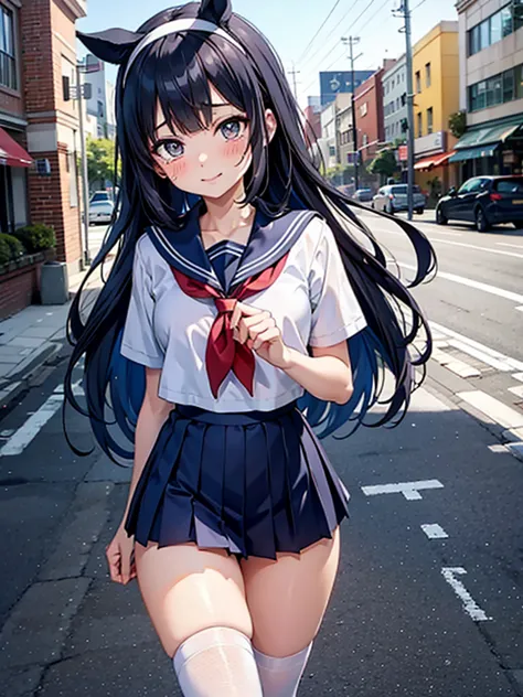 a high school girl who is about to take off her sailor suit, anime 2d rendering, white headband, smile, black hair, straight hai...