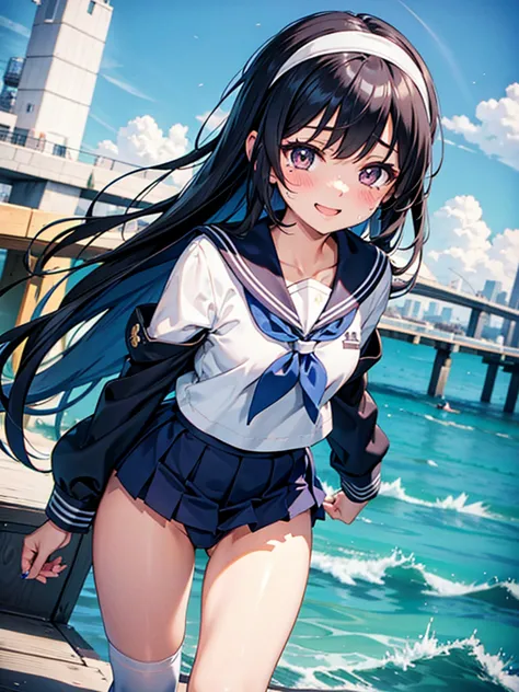 a high school girl who is about to take off her sailor suit, anime 2d rendering, white headband, smile, black hair, straight hai...