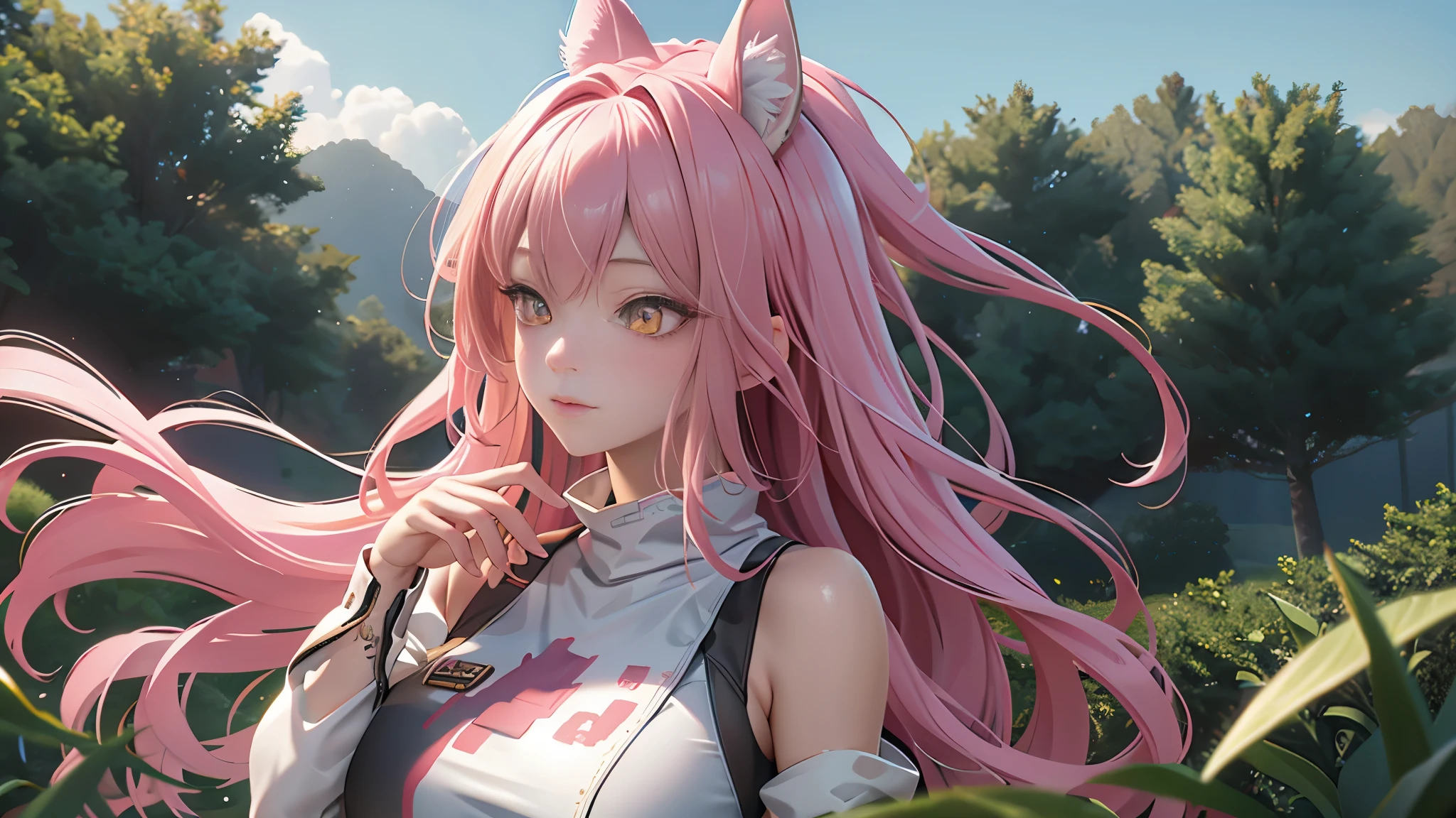 Anime girl with pink hair and ears standing in a field - SeaArt AI