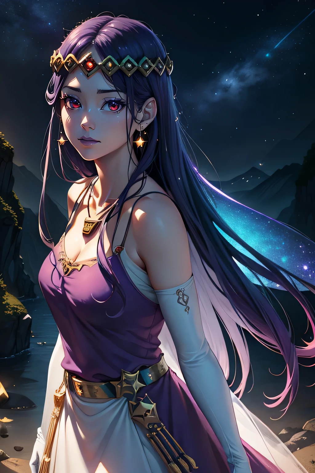 hilda,purple hair,purple lips,tiara,red eyes,purple dress,jewellery,necklace,long white elbow gloves,full body,night sky background,(best quality,4k,8k,highres,masterpiece:1.2),ultra-detailed,(realistic,photorealistic,photo-realistic:1.37),HDR,UHD,studio lighting,ultra-fine painting,sharp focus,physically-based rendering,extreme detail description,professional,vivid colors,bokeh,portraits,landscape,horror,anime,sci-fi,photography,concept artists,colorful,fairy tale,soft and dreamy lighting,sparkling stars and constellations,peaceful and calm atmosphere,luminous moonlight