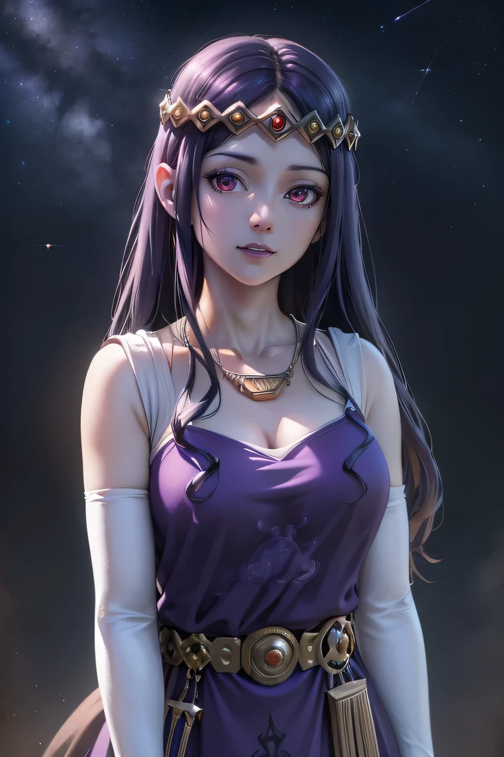 hilda,purple hair,purple lips,tiara,red eyes,purple dress,jewellery,necklace,long white elbow gloves,full body,night sky background,(best quality,4k,8k,highres,masterpiece:1.2),ultra-detailed,(realistic,photorealistic,photo-realistic:1.37),HDR,UHD,studio lighting,ultra-fine painting,sharp focus,physically-based rendering,extreme detail description,professional,vivid colors,bokeh,portraits,landscape,horror,anime,sci-fi,photography,concept artists,colorful,fairy tale,soft and dreamy lighting,sparkling stars and constellations,peaceful and calm atmosphere,luminous moonlight