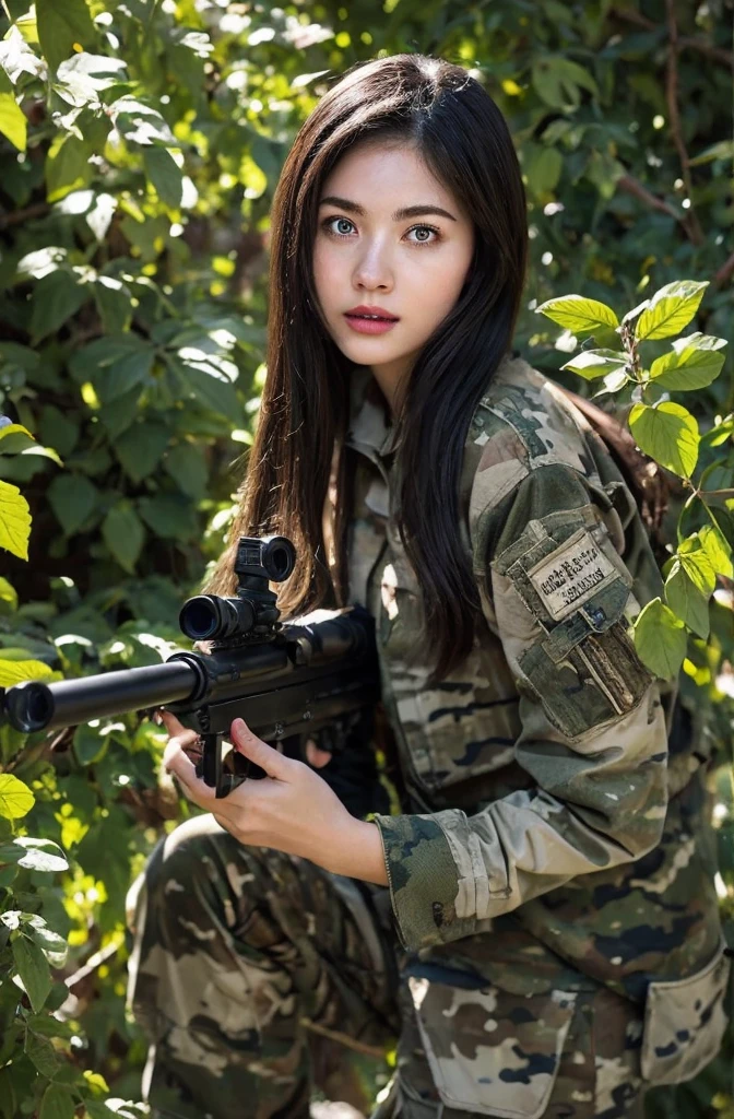 4K image of female sniper hiding in leaves..., Put on a Gilly outfit..., Wear Sniper Ghillie camouflage., Dark color, Masterpiece, Soft light and atmosphere, (god rays)