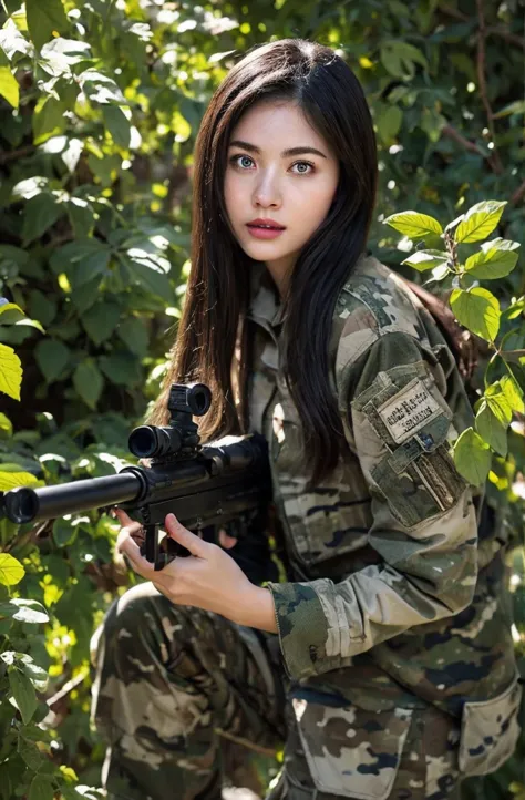 4k image of female sniper hiding in leaves..., put on a gilly outfit..., wear sniper ghillie camouflage., dark color, masterpiec...