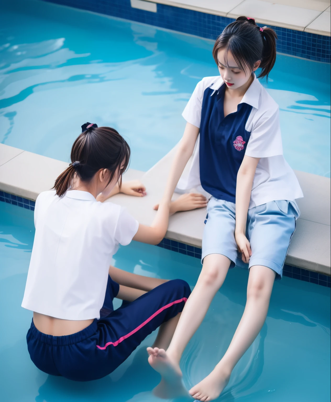 Hay dos chicas sentadas al borde de una piscina - SeaArt AI