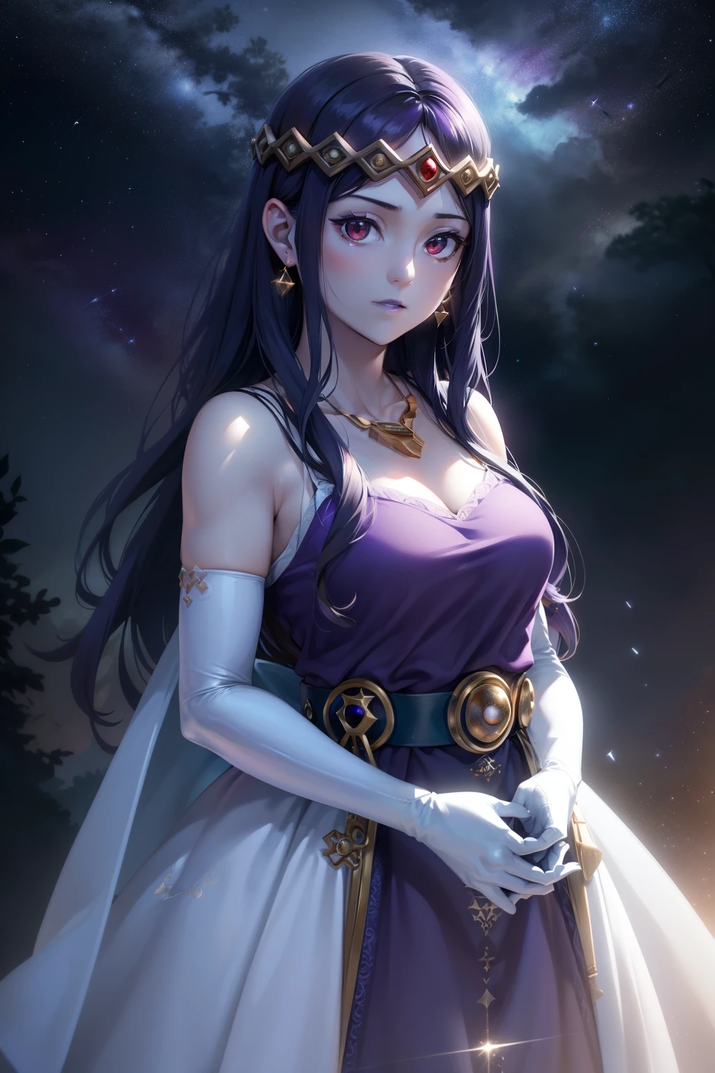 hilda,purple hair,purple lips,tiara,red eyes,purple dress,jewellery,necklace,long white satin elbow gloves,full body,night sky background,(best quality,4k,8k,highres,masterpiece:1.2),ultra-detailed,(realistic,photorealistic,photo-realistic:1.37),HDR,UHD,studio lighting,ultra-fine painting,sharp focus,physically-based rendering,extreme detail description,professional,vivid colors,bokeh,portraits,landscape,horror,anime,sci-fi,photography,concept artists,colorful,fairy tale,soft and dreamy lighting,sparkling stars and constellations,peaceful and calm atmosphere,luminous moonlight