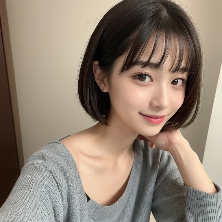 (( highest quality, 8K, masterpiece :1.3)), A face like Suzu Hirose、looking at the viewer、smiling、16 year old girl、C cup breasts、bob hairstyle、Highest image quality、sweating、