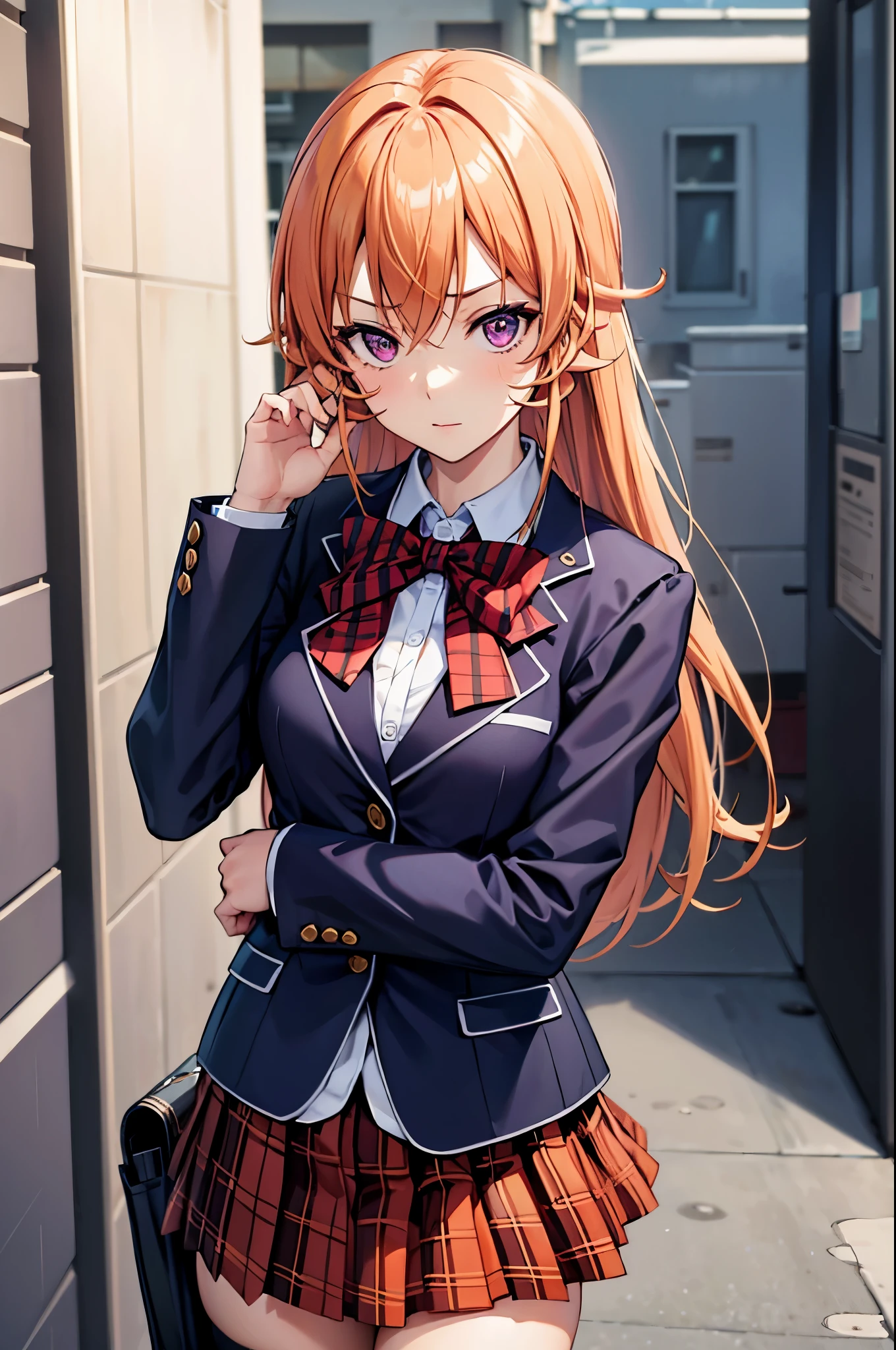 (masterpiece), best quality, expressive eyes, perfect face, highres, 1 girl, solo, erina nakiri, long hair, orange hair, (purple eyes:1.1), hair between eyes, skirt, thighhighs, bow, , jacket, pleated skirt, shoes, black thighhighs, zettai ryouiki, plaid, plaid skirt, blazer, outdoor backdoor, standing, (upper body portrait:1.2), looking at the viewer
