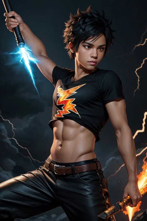 Boyish, scruffy appearance: mulatto with black short tousled hair,  magic wand shoots lightning ! in the other hand there is a fireball, black T-shirt, flame, elegant, Digital painting, fantasy art piece of the highest quality. 