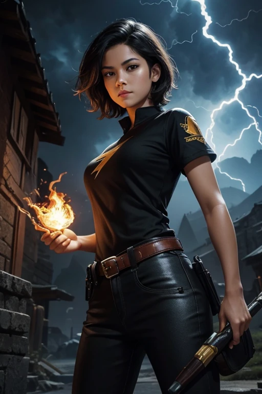 Boyish, sloppy appearance: mulatto woman with short black tousled hair,  magic wand shoots lightning ! on the other side there is a fireball, black T-shirt, flame, elegant, Digital painting, a piece of fantasy art of the highest quality. 