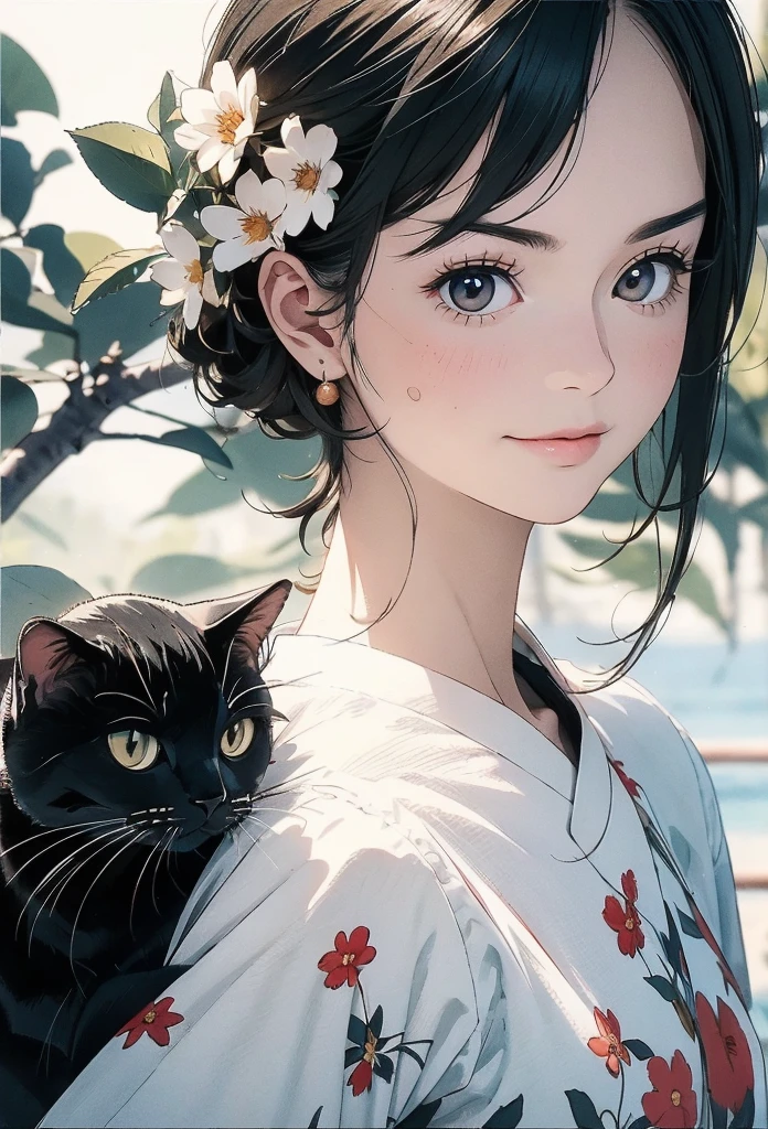 (8k、Realism、original photography、top quality: 1.3)、(1 girl in)、super beautiful、(serious)、(childish、Natural color berry shorthair cat)、T-shirt with open chest、lace，Engage your audience、beautiful expression、Beautiful big、Lover&#39;s perspective、（real skin）、beautiful smile、（Soldier）、Tempting、ultra high resolution、Surrealism、high detail、On the flower