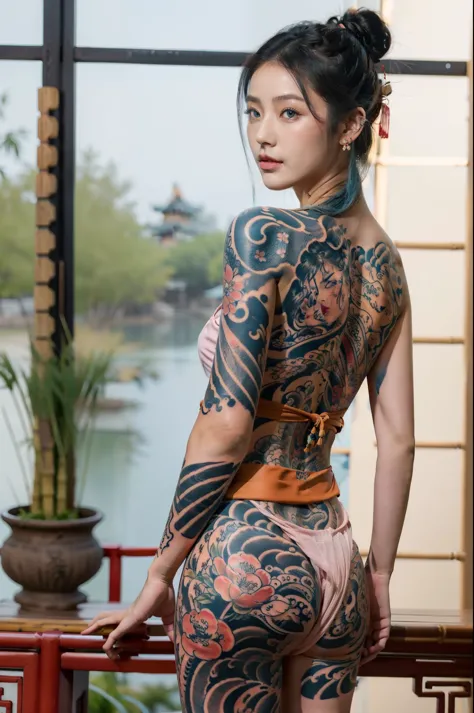 (masterpiece best quality:1.4),1girl, (tattoo of chinese text:1.5), solo, back tattoo, hair flowers, long hair, blue eyes, looking at viewer,back tattoo,tattoo,looking back, from behind, black hair, tassel, bare shoulders, hanfu, chinese clothes,back, bang...