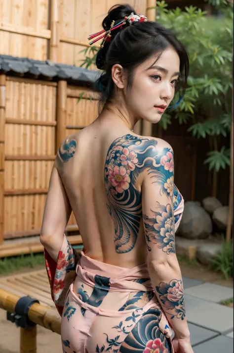 masterpiece, top quality, best quality, official art, beautiful and aesthetic:1.2),1girl, tattoo, solo, japanese clothes, red and black kimono, hair ornament, unsheathing, black hair, sheath, back tattoo, dragon tattoo, blue eyes, off shoulder, bare should...