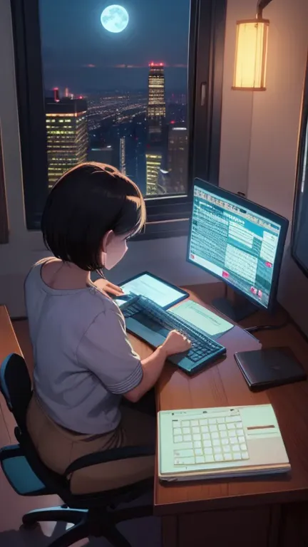 a female programmer in her 20s、draw a scene where you are working in your room at home。she has a short hairstyle、concentrating a...