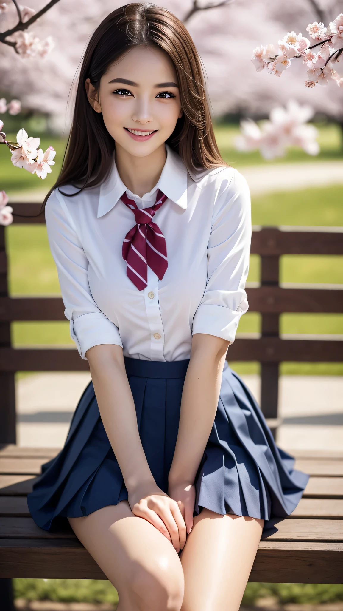 (1 girl), wonderful face and eyes, (big round eyes:1.15), (Highly detailed beautiful face), smile, (school uniform, pleated mini skirt:1.3), (school uniform with open breasts), (highest quality:1.4), (super detailed), (surreal, realistic:1.37), fair skin, Highly detailed CG integrated 8k wallpaper, RAW photo, professional photos, cinematic lighting, sitting, bench, spread your legs, (No panties), (cleft of venus:1.3), (Cherry Blossom), 