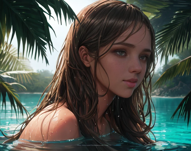 jessica_alba, portrait of a woman swimming in a beautiful lagoon, soaking wet, long wet hair, tropical island in background,  glow effects, godrays,, (masterpiece, best quality, ultra-detailed, best shadow), high contrast, (best illumination), ((cinematic light)), colorful, hyper detail, dramatic light, intricate details, (1 girl, solo) , ultra detailed artistic photography, dreamy, backlit, shadows, ultra high definition, 8k, ultra sharp focus, ultra high quality model, soft lighting, film photography, analogue photography, hyperrealism,, ((sharp face, detailed face, realistic face, naturtal skin, realistic skin, detailed skin, pores, detailed eyes,realistic eyes)),