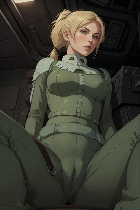 original character,good anatomy, masterpiece, best quality,realistic, hyperrealistic, 16k hdr,photorealistic, cinematic, zeon pilot, cockpit view, 20yo,beauty woman,(blonde hair,ponytail:1.2),green flight suit,medium breasts,from below,sitting,spread legs,...