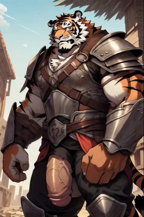 a burly one, furry tiger，Rich chest muscles，full body portrait,wearing armor,Sabre on the waist,The shoulder has shoulder armor,There are also armpits on the hands,About War Zone,(Gaze ahead),The environment is harsh,The weather is gloomy,((big dick:1.2))