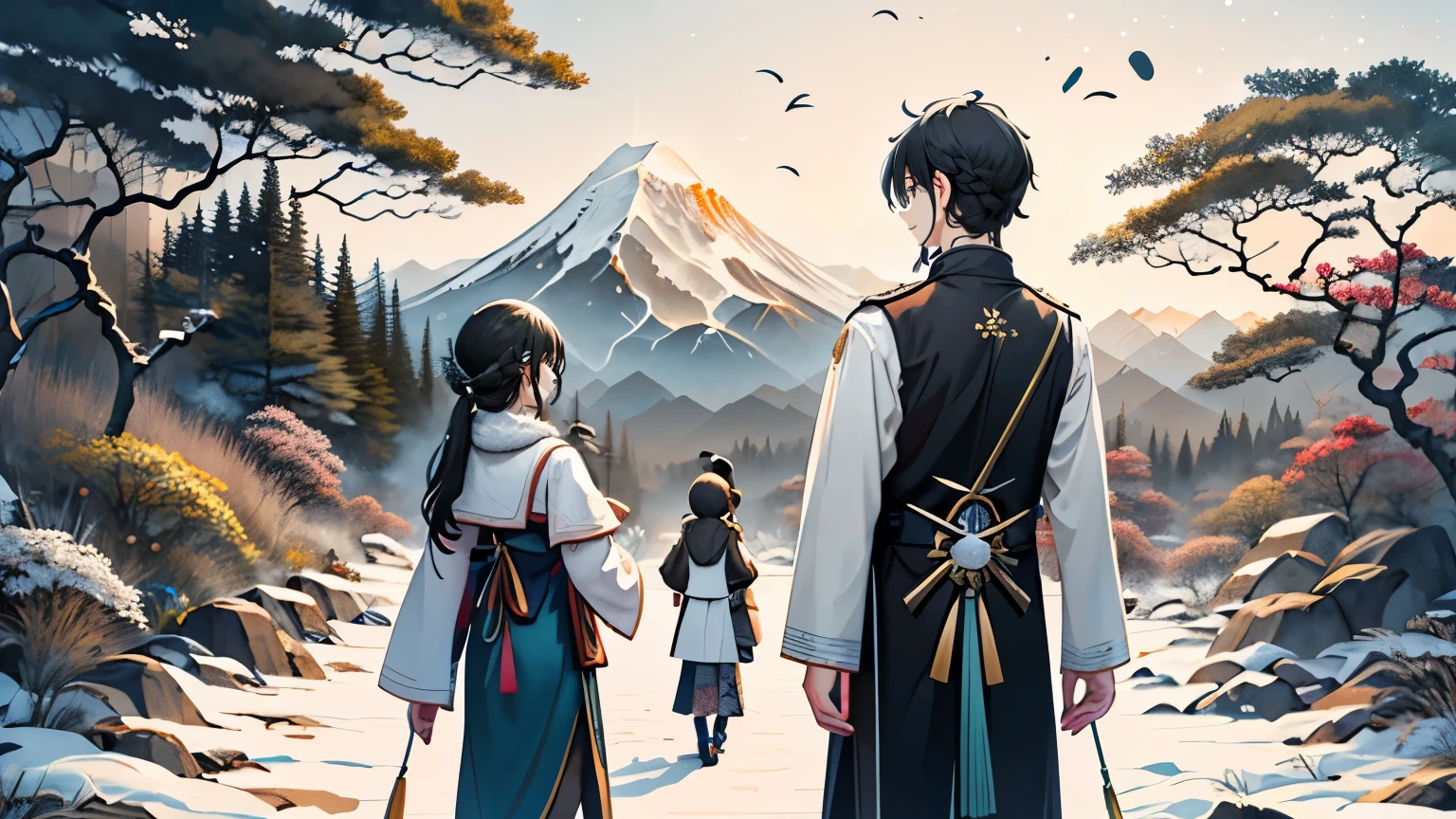 illustration of a family in a snowy land, mother, father, daughter, 3 people, snow landscape, winter clothes, black hair, facing away, back turned, not looking at camera, upper body, Chinese dress, ink smudges, inky, abstract, Chinese aesthetic, Absurd, high resolution, ultra-detailed, (1 girl:1.3),