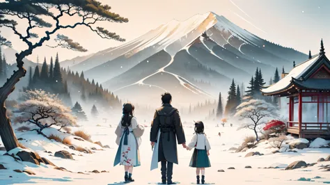 illustration of a family in a snowy land, mother, father, daughter, 3 people, snow landscape, winter clothes, black hair, facing...