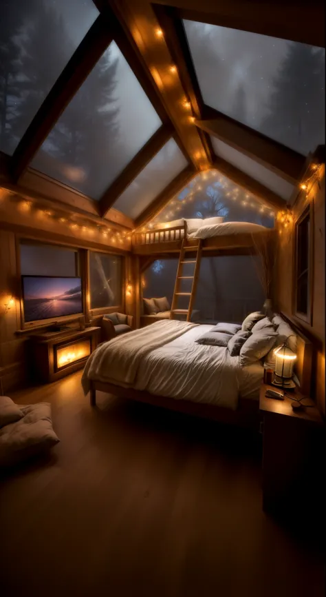 arafed bedroom with a loft bed and a ladder, cozy treehouse bedroom, cozy room, cozy lights, cozy atmospheric, cozy place, cozy lighting, cozy and calm, cosy atmoshpere, cozy bed, cozy and peaceful atmosphere, cozy environment, cozy setting, cozy night fir...