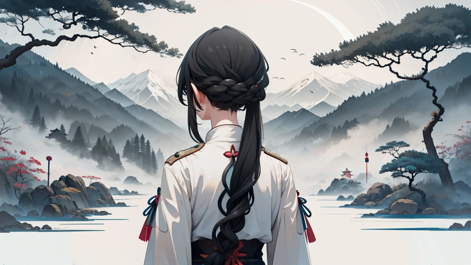 illustration of mother snowy land, mother, girl with black hair, Chinese clothes, snow landscape, winter clothes, black hair, facing away, back turned, not looking at camera, upper body, Chinese dress, ink smudges, inky, abstract, Chinese aesthetic, Absurd, high resolution, ultra-detailed, (1 girl:1.3),