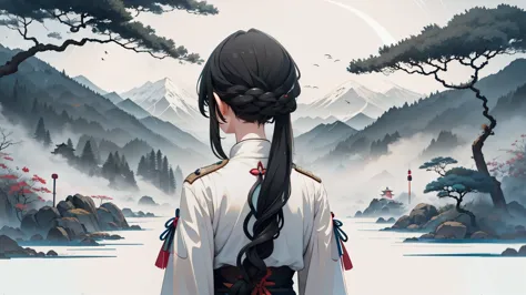 illustration of mother snowy land, mother, girl with black hair, Chinese clothes, snow landscape, winter clothes, black hair, fa...